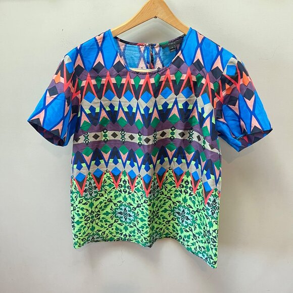 J. Crew Womens Multicolor Geometric Print 100% Silk Short Sleeve Blouse Size 0 - Picture 1 of 5